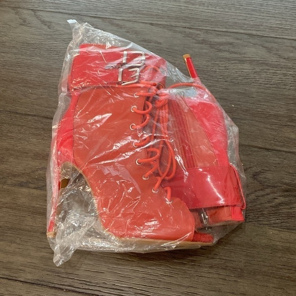 NWT BURJU Under The Influence Open Toe Lace Up Buckle Ankle Boots | Red 6 - Picture 2 of 12